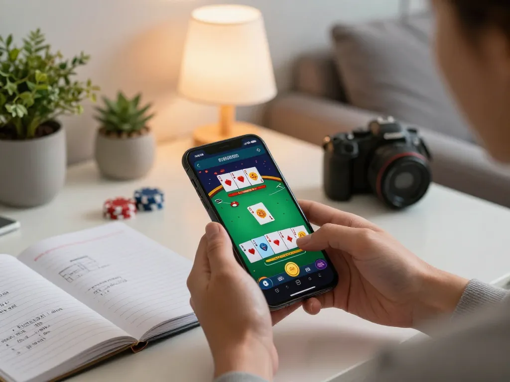 Engaging with MM99 mobile casino app, showcasing vibrant blackjack gameplay in cozy setting
