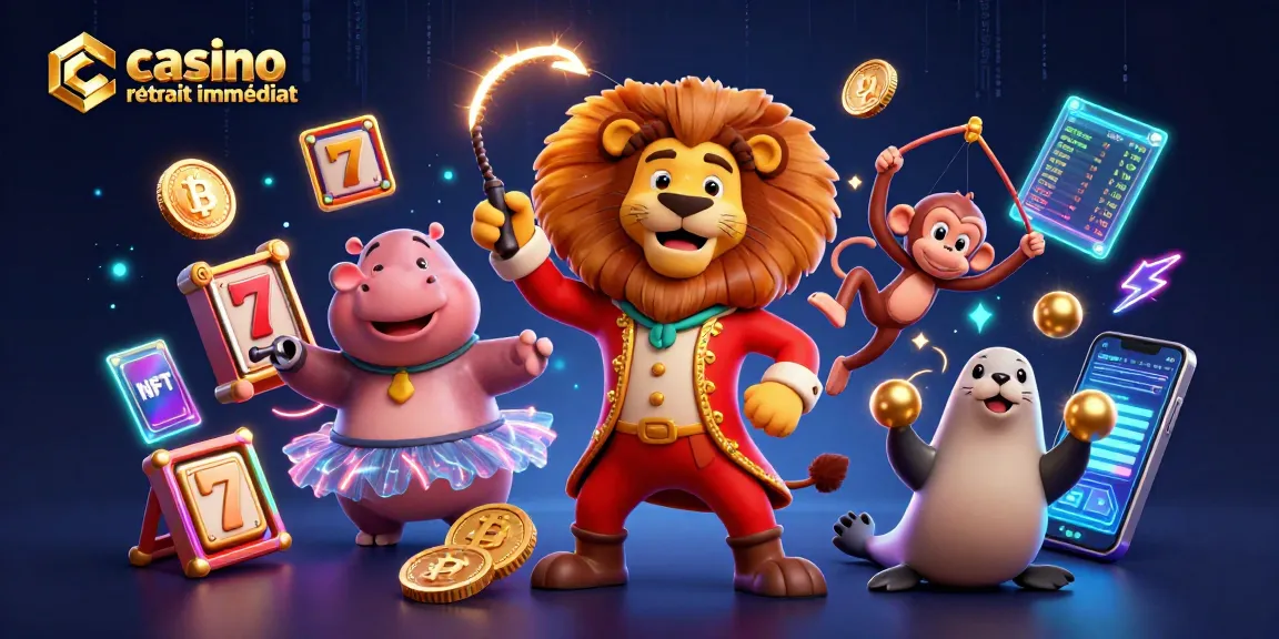 Illustration dynamique sur le casino retrait immédiat avec un lion, un hippopotame et un singe en action.