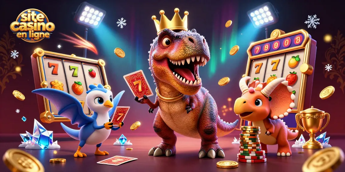 Amusez-vous dans un site casino en ligne avec un T-Rex amusant jouant aux cartes aux côtés d'un assistant ptérosaure.