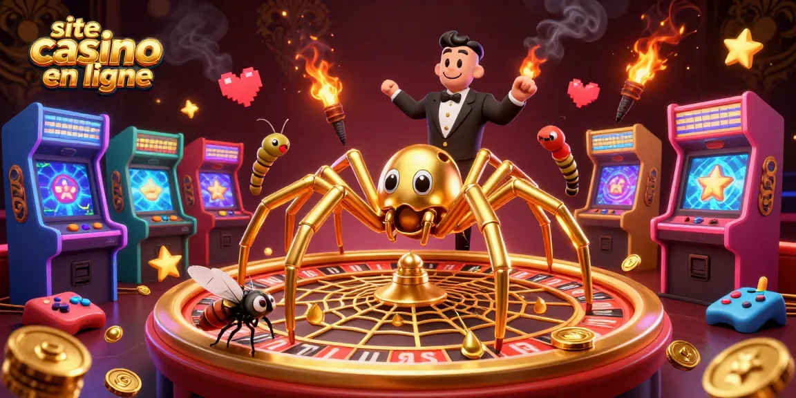 Placez vos paris sur ce site casino en ligne avec une araignée dorée et des machines à sous colorées.
