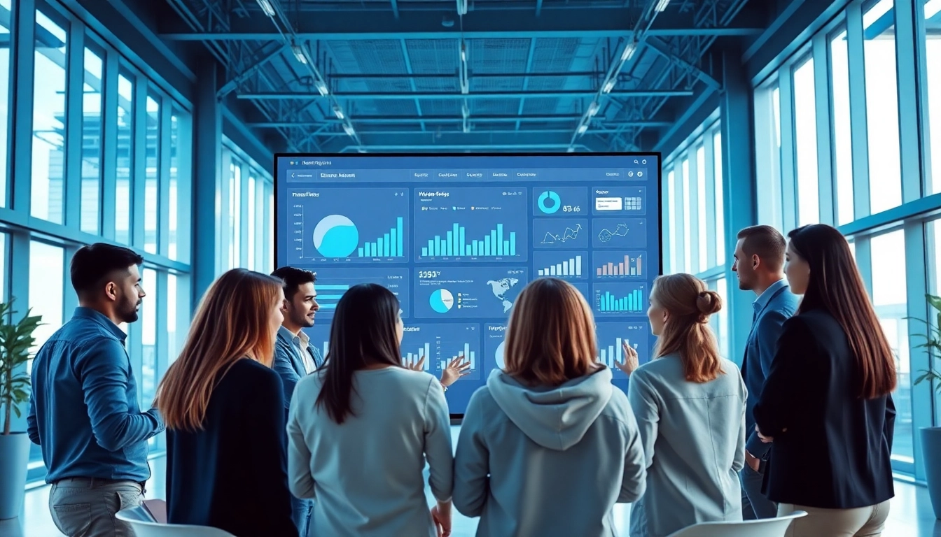 Team collaborating over an enterprise assistant saas solution on a digital display in a modern office.