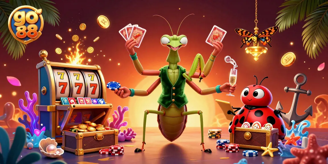 Engaging casino scene showcasing go 88 with a vibrant praying mantis card sharp and iconic slot elements.