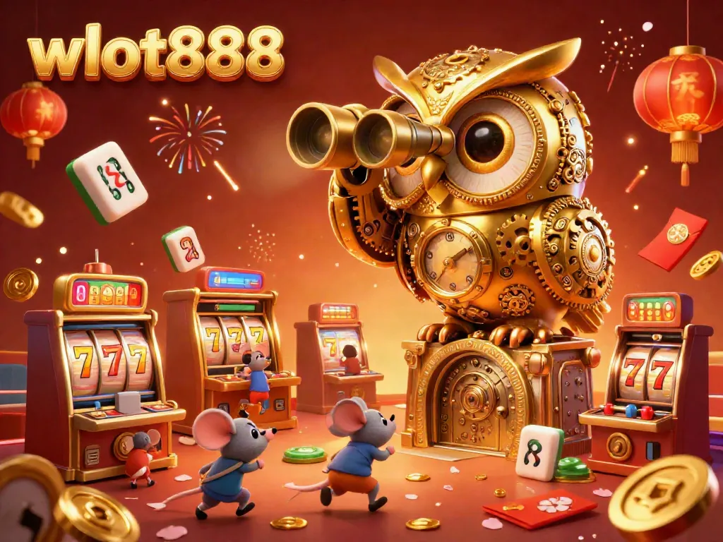Menangkan jackpot wslot888 dengan gambar ilustrasi kasino yang meriah dan berwarna-warni, menampilkan burung hantu emas dan tikus mekanik.