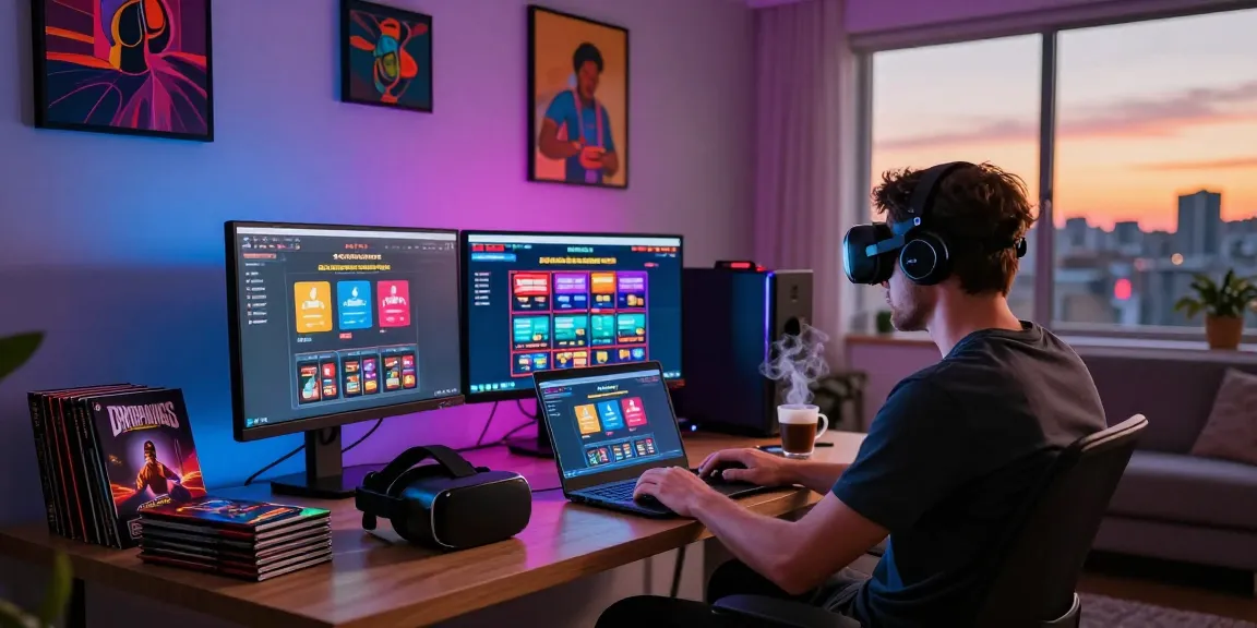 Engaging scene of a player exploring credit card casinos on multiple screens in a modern, vibrant setting, showcasing the excitement of online gambling.