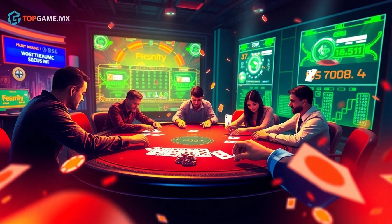 Dynamic online card gaming scene at topgamebaidoithuong.mx with energetic players and modern interface.
