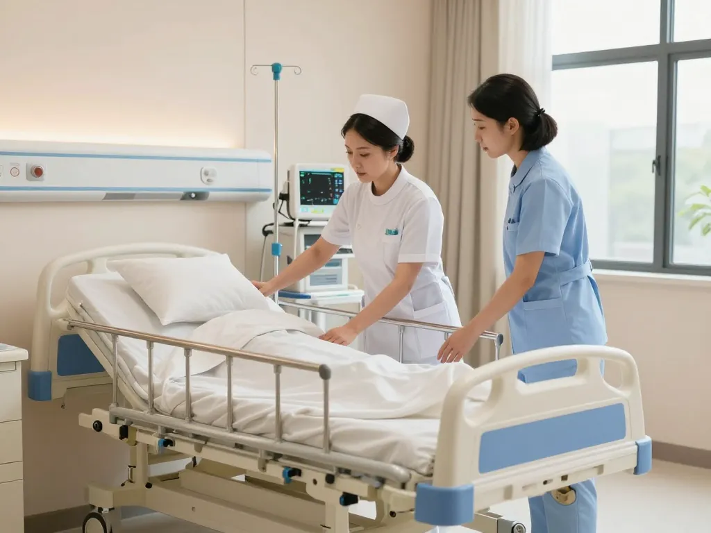 Multifunctional giường bệnh nhân in a hospital room with nurses adjusting the bed.