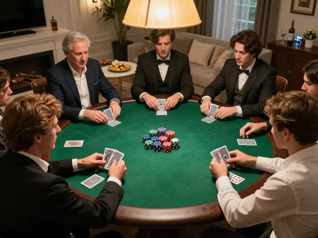 Nhà cái MM88 players enjoy a friendly poker game with chips and cards visible at a round table.