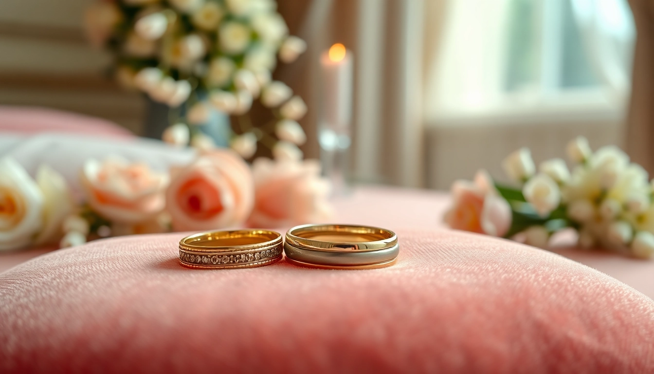 Showcase of exquisite wedding bands highlighting intricate designs on plush cushions.