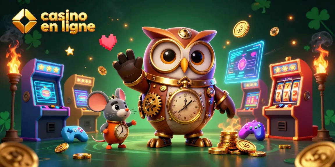 Explorez le monde vibrant des casinos en ligne à travers une illustration 3D fantaisiste mettant en scène un hibou et une souris au milieu de machines à sous colorées.