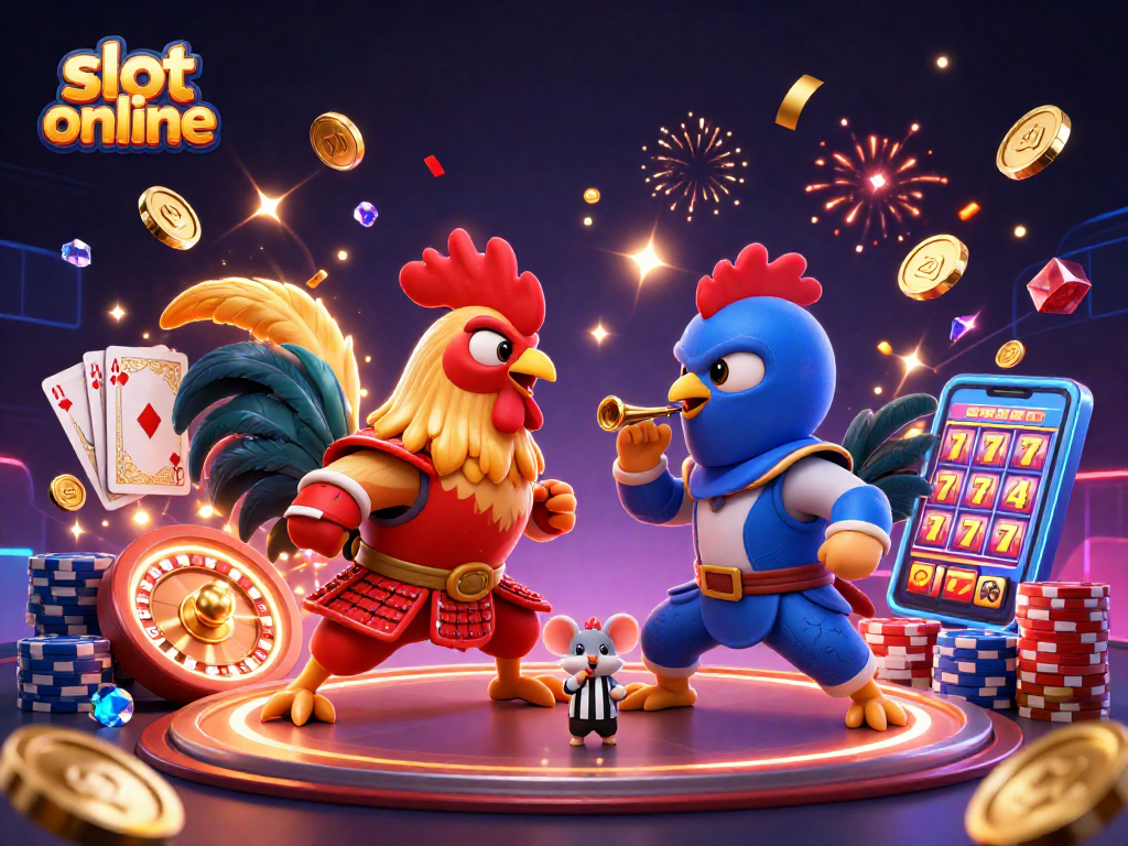 Slot online menampilkan ayam jantan bertarung dengan efek uang koin berkilauan.