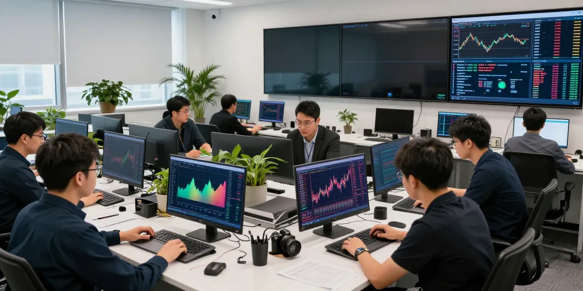 Real-time stock data API interface displayed in a modern trading office with collaborative traders.