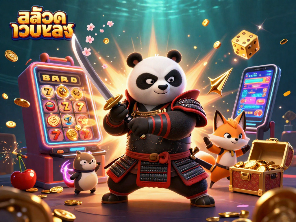 Engage with สล็อตเว็บตรง in a vibrant 3D casino scene showcasing slot machines, samurai panda, and magical elements.