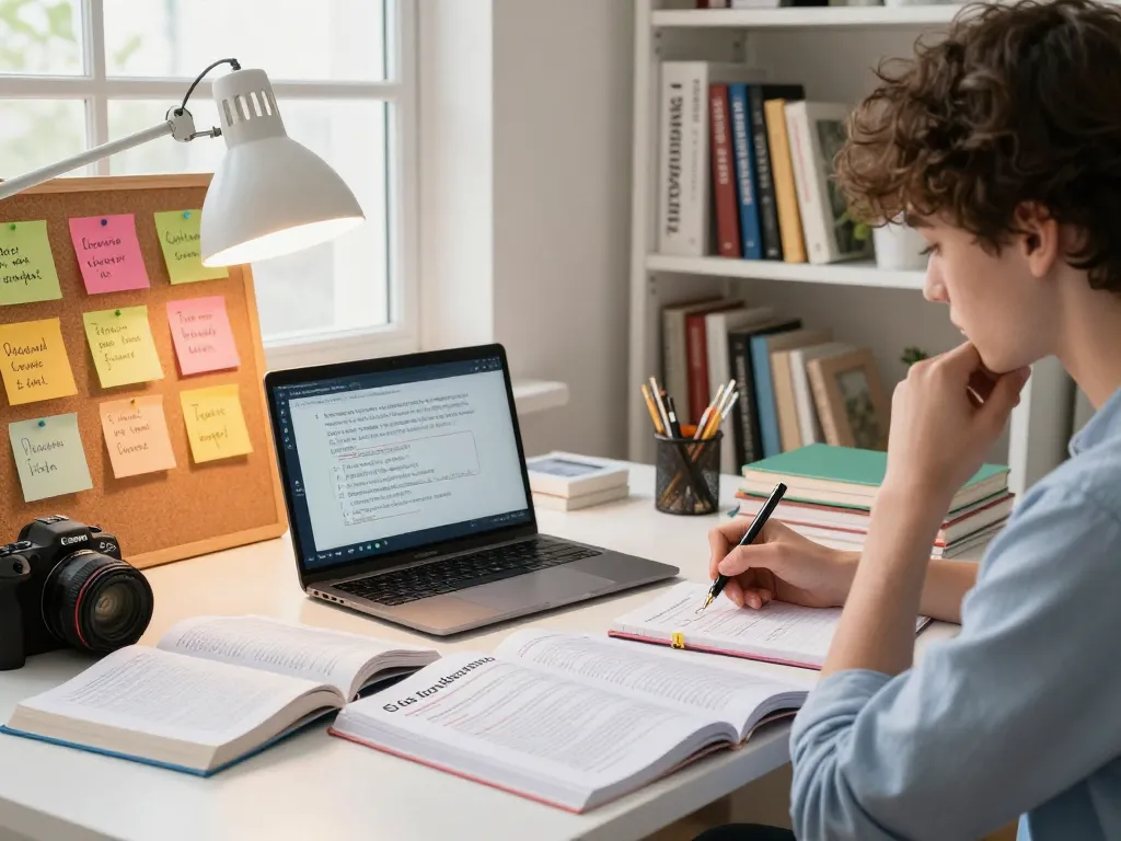 Student studying for C168 in organized study space with textbooks and laptop