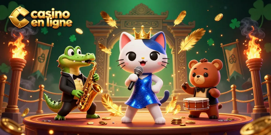 Le site casino en ligne offre une scène dynamique avec un chat chanteur, un crocodile saxophoniste et un ourson batteur.