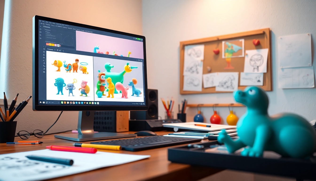 3D Animation kreative Arbeitsumgebung mit bunten Modellen und Animationen.
