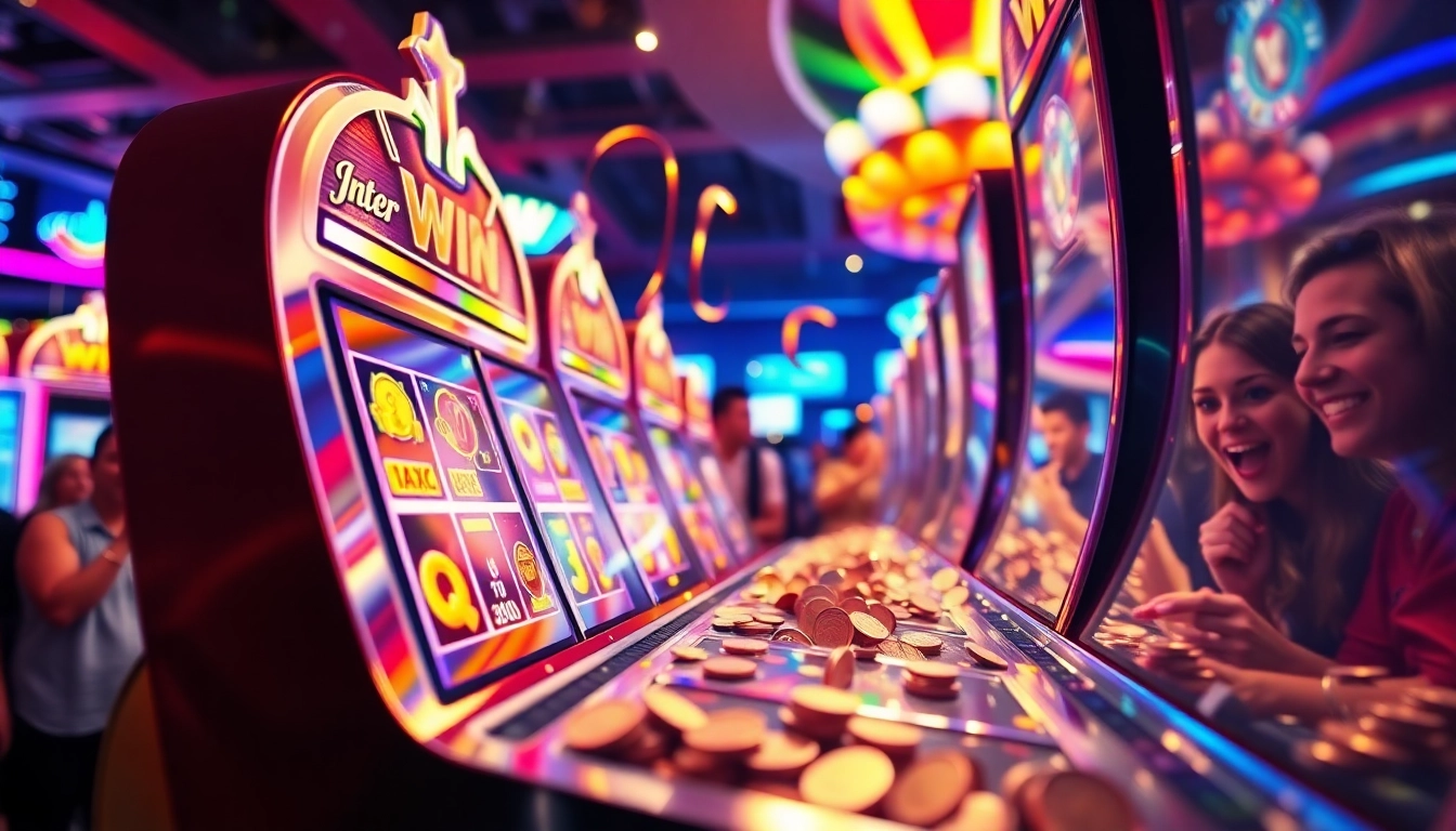 Mesin slot interwin yang menyala dengan koin, menyoroti suasana kasino yang meriah.