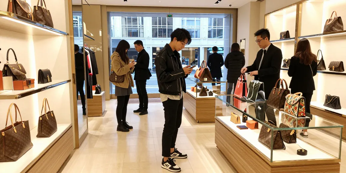 Stylish individual exploring a 레플리카 쇼핑몰 with luxury replica bags and accessories in an urban fashion setting.