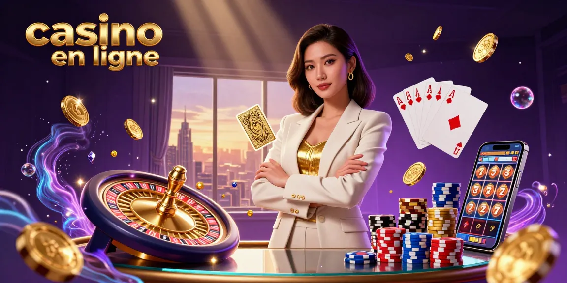 Découvrez le casino en ligne avec une illustration captivante mettant en scène une élégante femme asiatique tenant des cartes dorées.