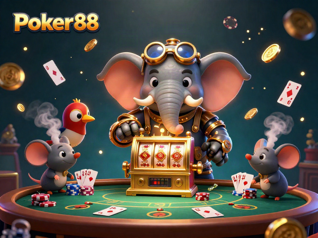 Experience thrilling poker action in Poker88 with an animated elephant engineer and vibrant cards.