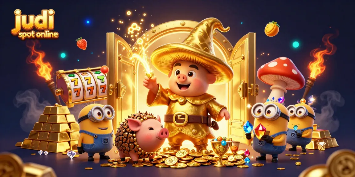Bermain judi slot online dengan karakter kartun 3D dan harta karun berkilauan, menunjukkan pengalaman kasino yang kaya.