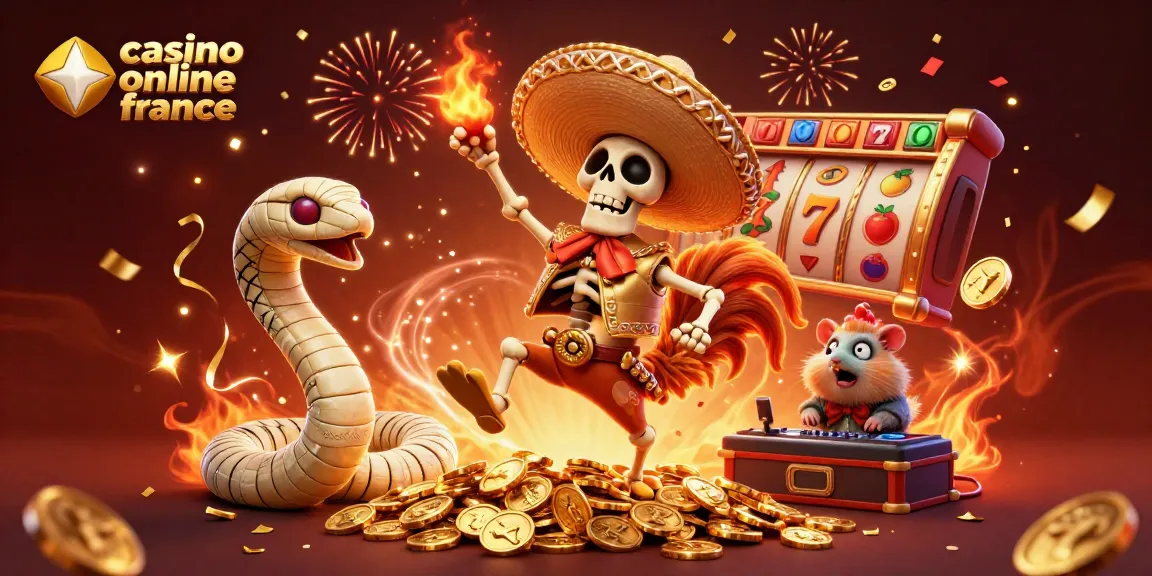 Illustration d'une fête autour du jeu au casino online france avec des personnages colorés et des chiffres gagnants.