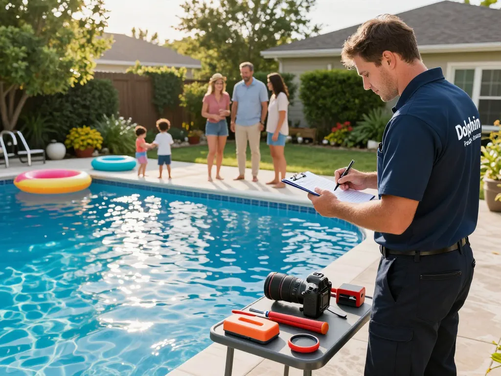 Dolphin Pool Services technician inspecting pool equipment in a vibrant backyard setting.