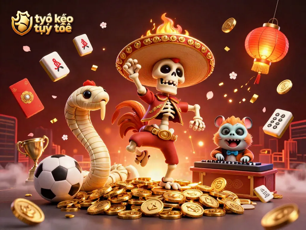 Experience the thrill of tỷ lệ kèo trực tuyến with a vibrant casino scene featuring a mariachi rooster and sports elements.