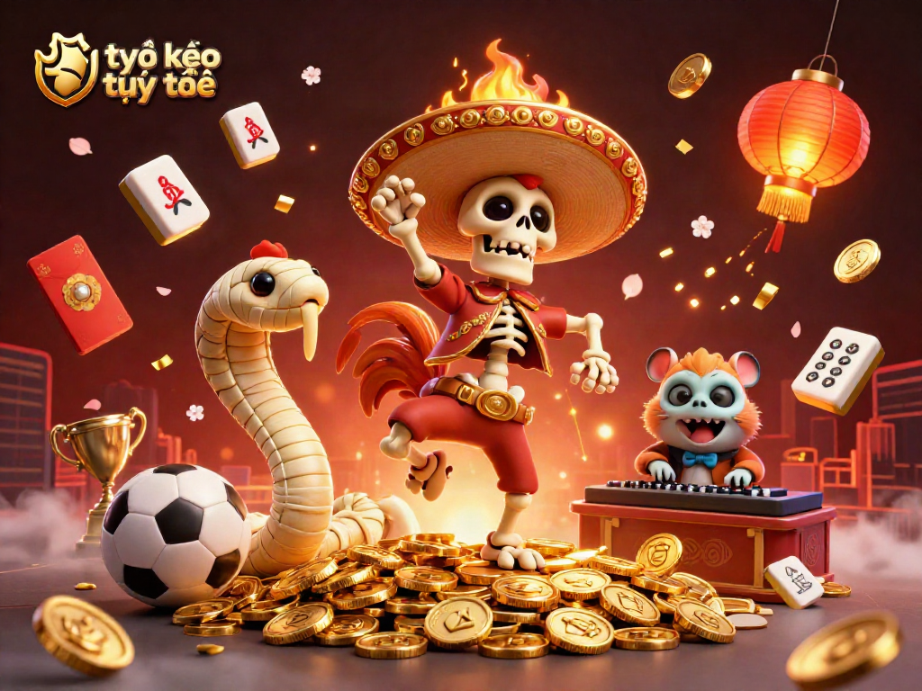 Experience the thrill of tỷ lệ kèo trực tuyến with a vibrant casino scene featuring a mariachi rooster and sports elements.
