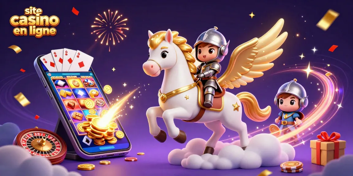 Plongez dans un site casino en ligne avec un cheval céleste, des jeux et des jetons brillants.