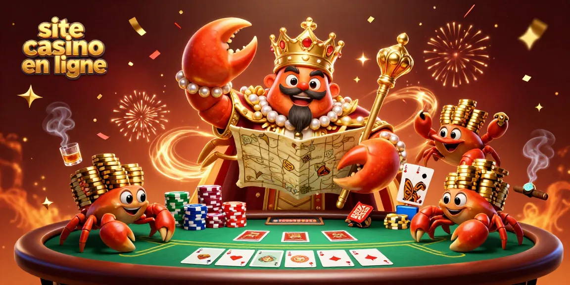 Illustration de l'empereur crabe doré sur un site de casino en ligne entouré de jetons et cartes de poker.