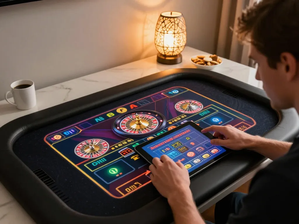Player strategizing with vidyasewingmachine app open on tablet, showcasing online roulette gameplay.
