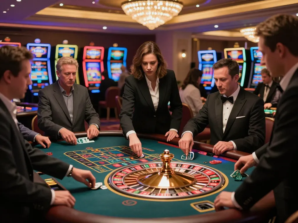 Players engaging at the roulette table in a lively casino, experience the excitement of nhà cái 888VI.