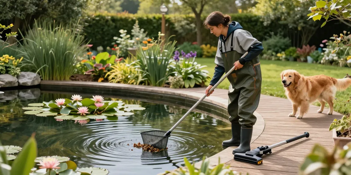 Pond Cleaning Essex professional cleaning a vibrant pond while ensuring clear water and beautiful plants.