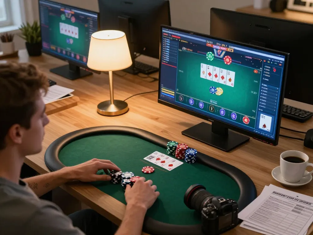 Player strategizing poker bets on ev99 in a cozy online gaming environment, demonstrating responsible gambling.