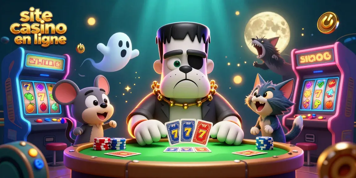 Illustration d'un site casino en ligne avec un bulldog monstres, un chat et une ambiance d'arcade.