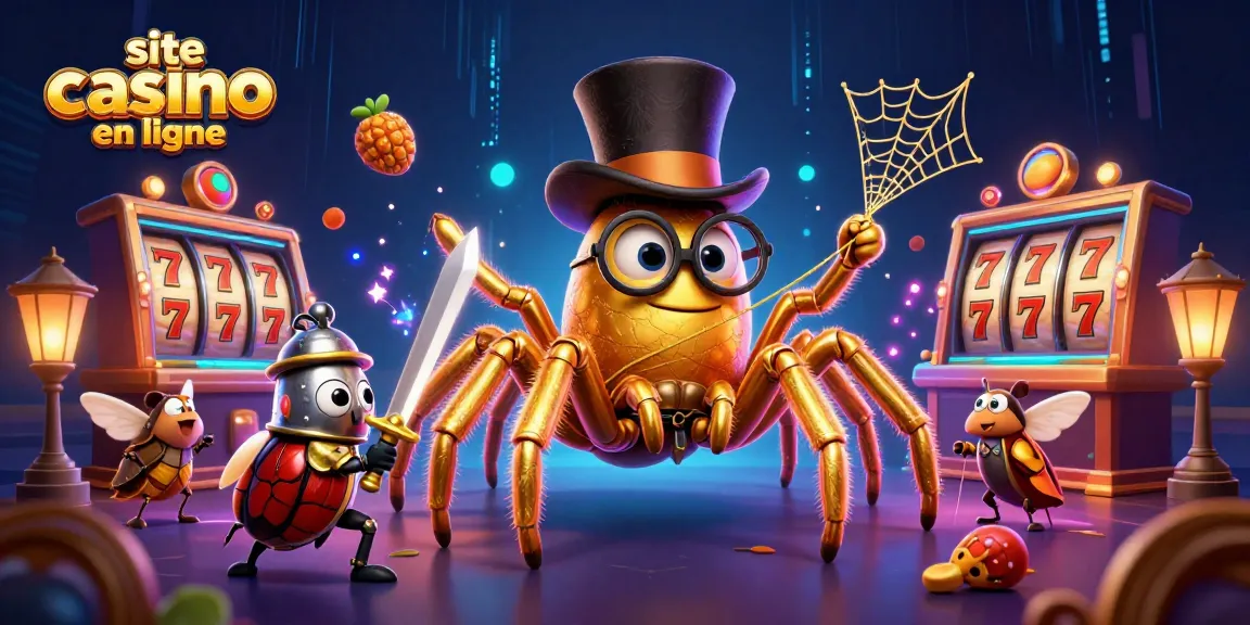 Illustration d'un site casino en ligne avec une tarantule dorée et un chevalier avec une épée dorée.