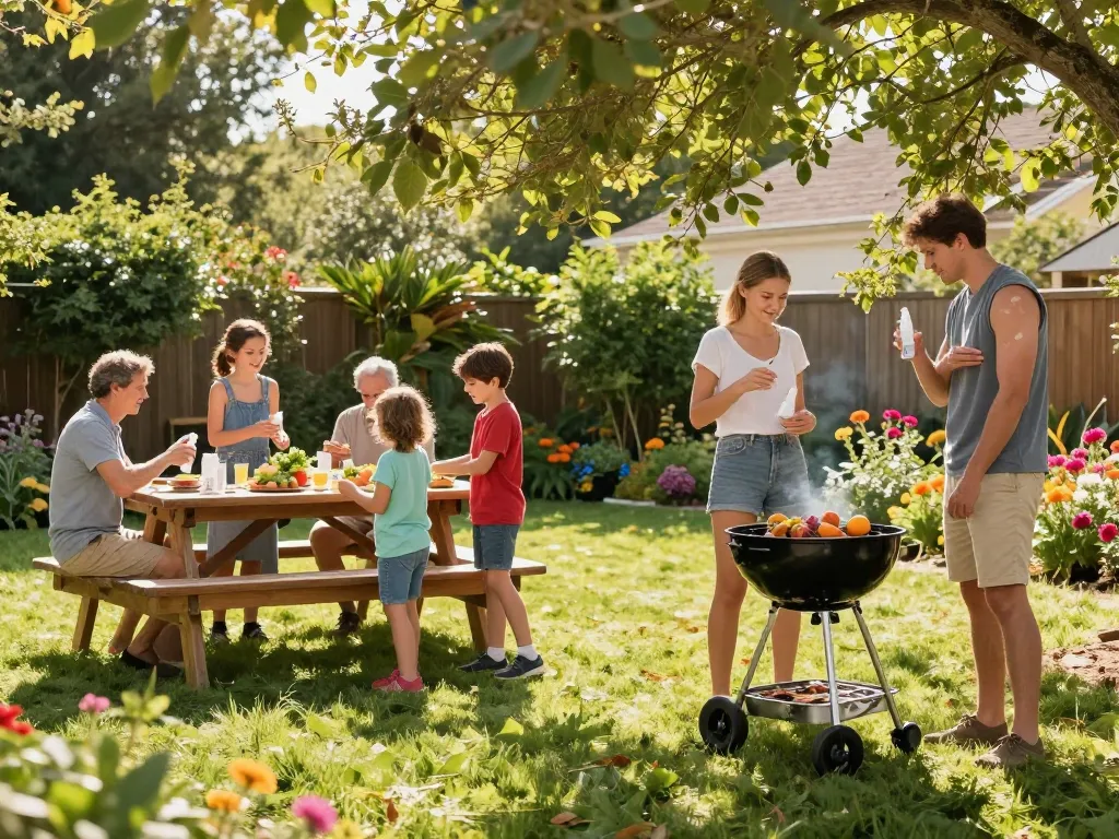Family applying mosquito repellent while enjoying a summer barbecue outdoors.