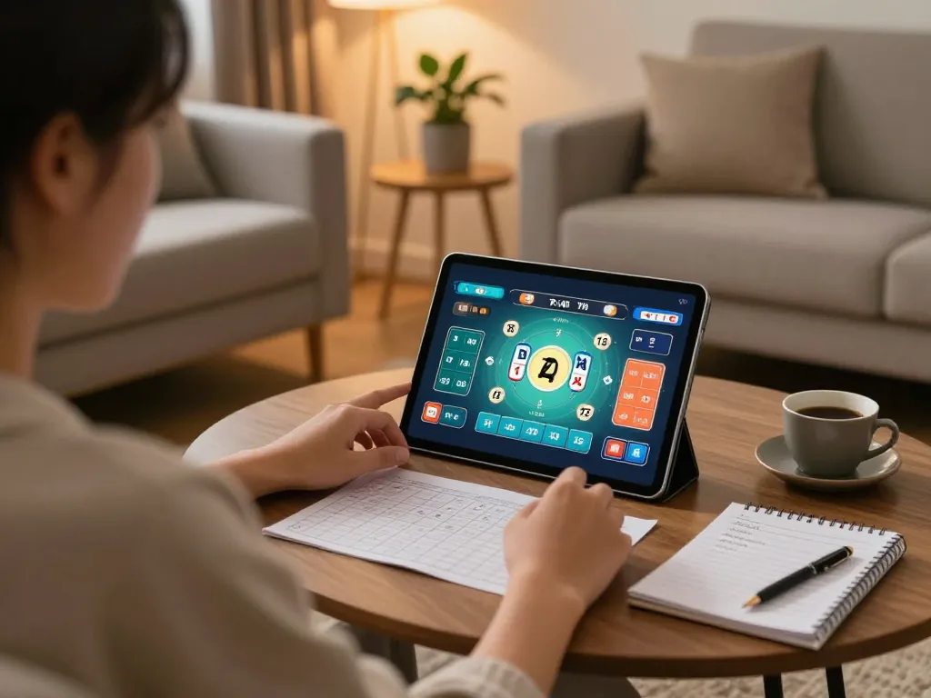 Tài xỉu online uy tín gaming experience at home with a person engaged in strategic gameplay on tablet, cozy setting with notes.