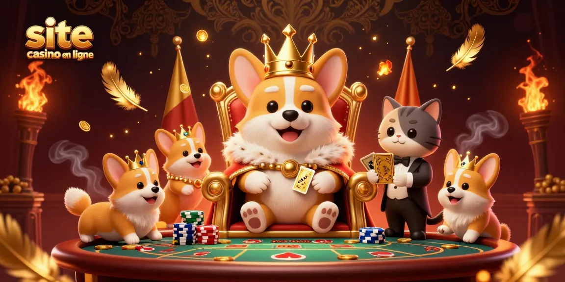 Expérience le jeu sur un site casino en ligne avec un corgi royal entouré de pièces d'or et de cartes.