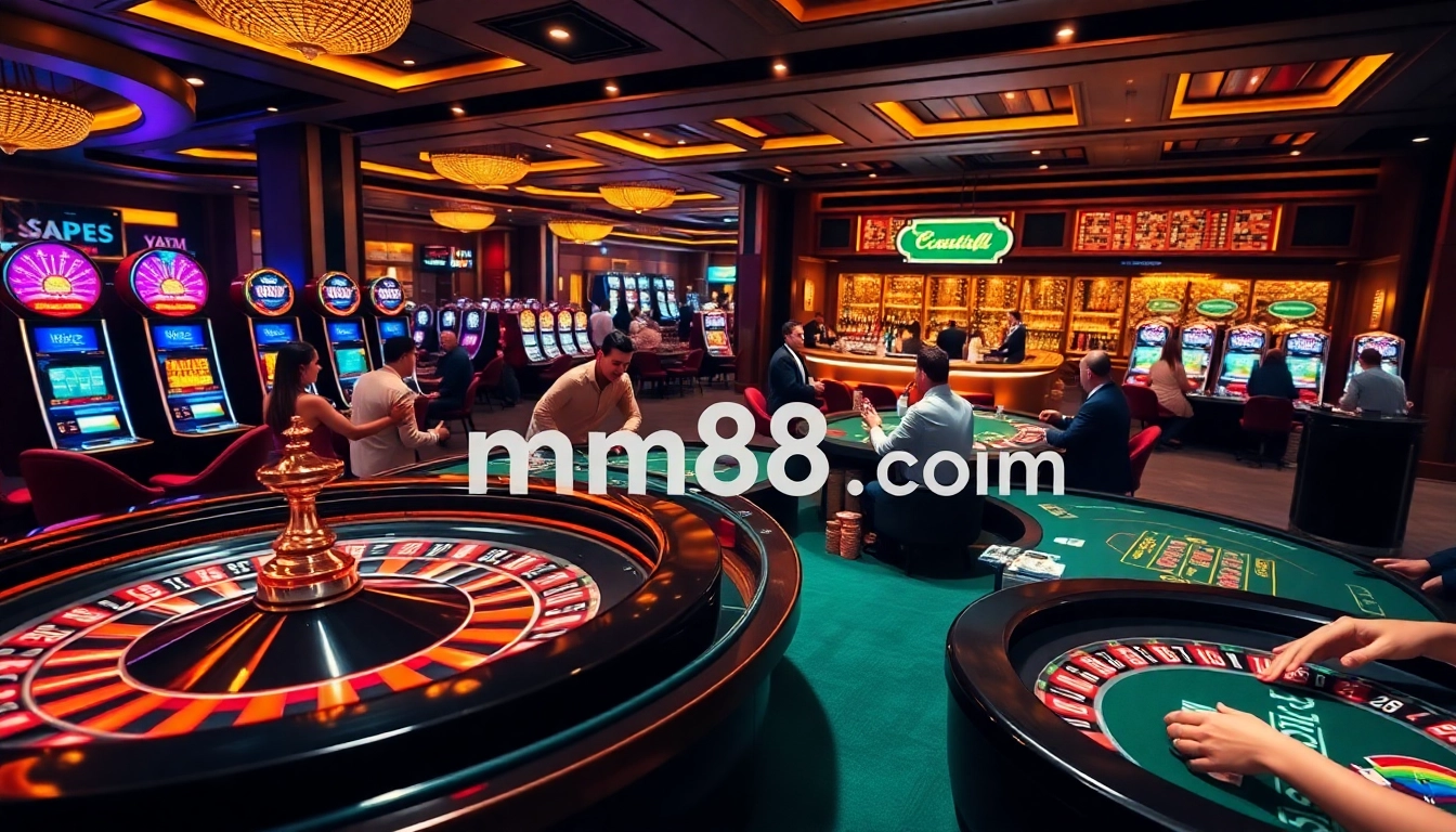 Engaging gamblers at mm88.com playing poker and roulette in a luxurious casino environment.