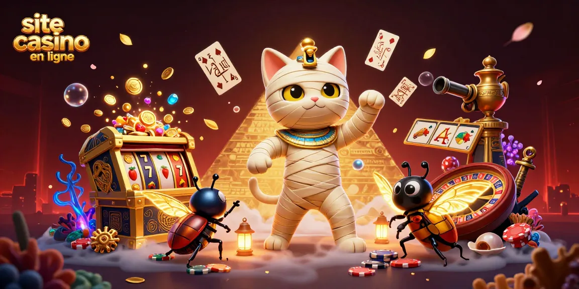 Illustration vibrante de casino en ligne, avec un chat momie égyptien et des éléments de jeux de cartes.