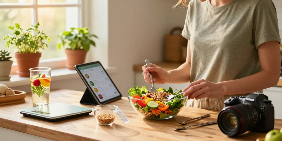 Explore the best food tracker options while logging healthy meals in a vibrant kitchen.