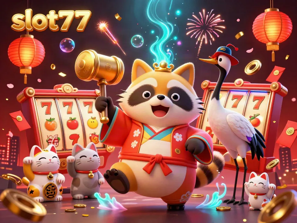 Permainan slot777 yang seru dengan karakter tanuki dan hewan hoki dalam perayaan Jepang.