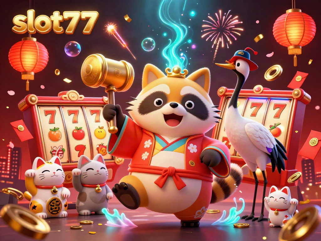 Permainan slot777 yang seru dengan karakter tanuki dan hewan hoki dalam perayaan Jepang.