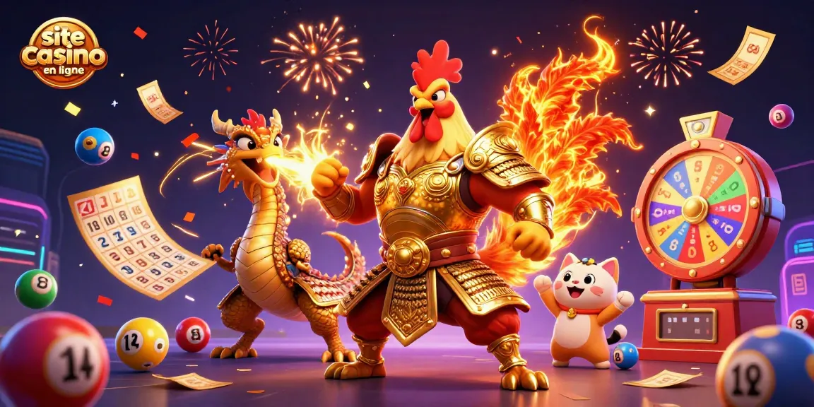 Jouer sur un site casino en ligne avec un combattant coq et un dragon, loterie et bingo animés.