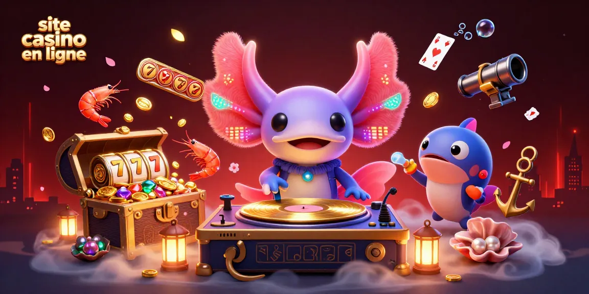 Jouez sur un site casino en ligne avec un DJ axolotl vibrant, des crustacés et des éléments riches.