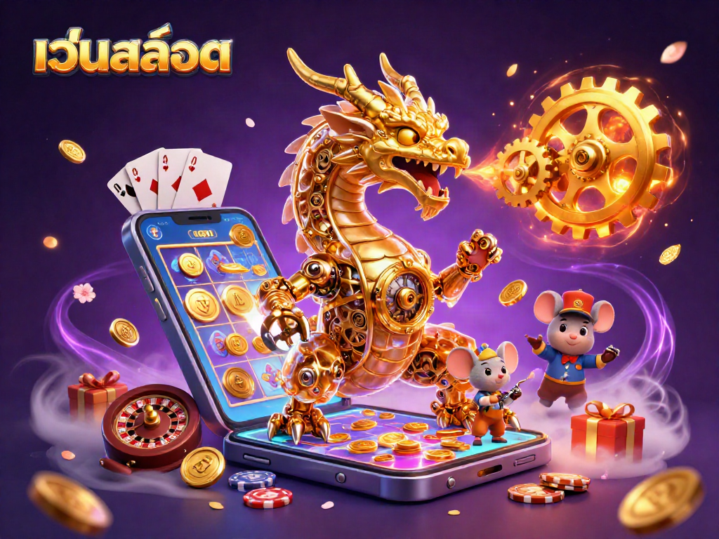 Experience thrilling เว็บสล็อต gameplay with a golden dragon, mouse engineer, and exciting casino symbols.