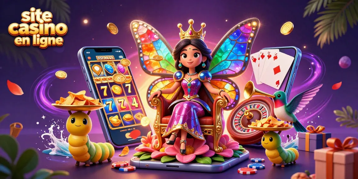 Jouez sur un site casino en ligne avec une reine papillon majestueuse entourée de jeux de casino colorés.
