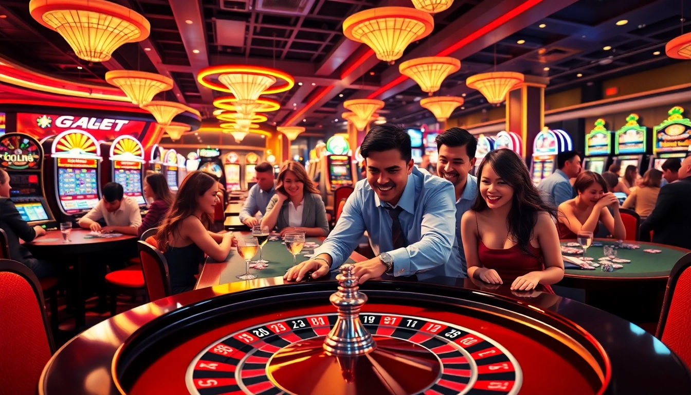 Erleben Sie den casino bonus ohne einzahlung neu in einer bunten Casino-Szene voller Spieler an Spieltischen.