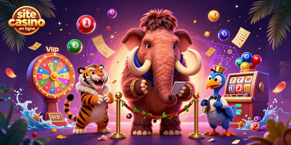 Animation représentant un site casino en ligne animé, avec des personnages de mammouth, tigre et oiseau.